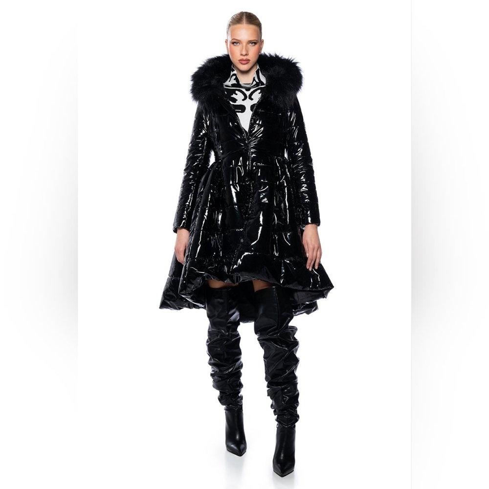 AKIRA Glossy Black Peplum Puffer Coat with Faux Fur